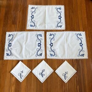 Vintage Portugal White Cotton Placemats Napkins Set Blue Embroidery